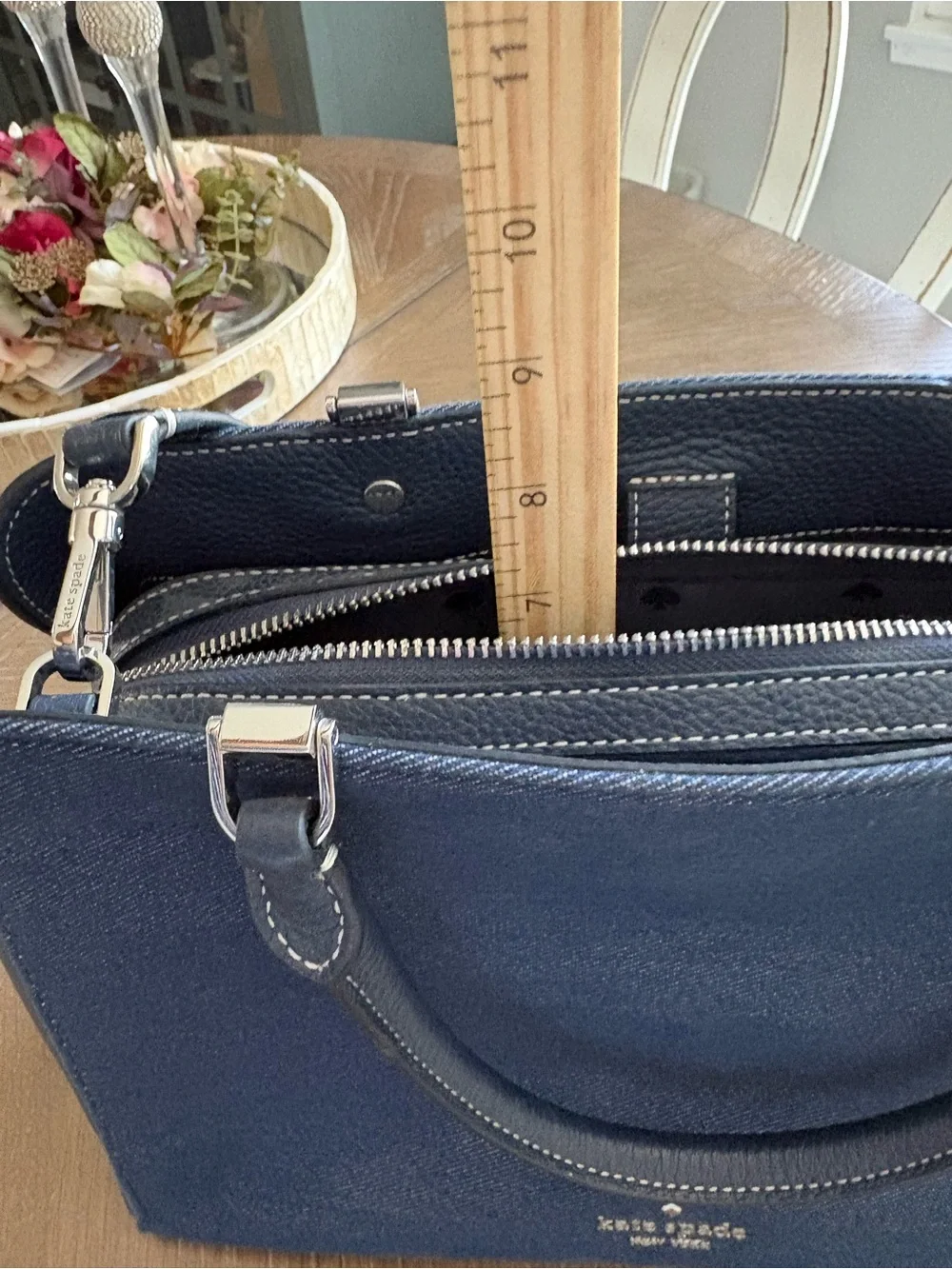 kate spade navy blue structured satchel with top handles